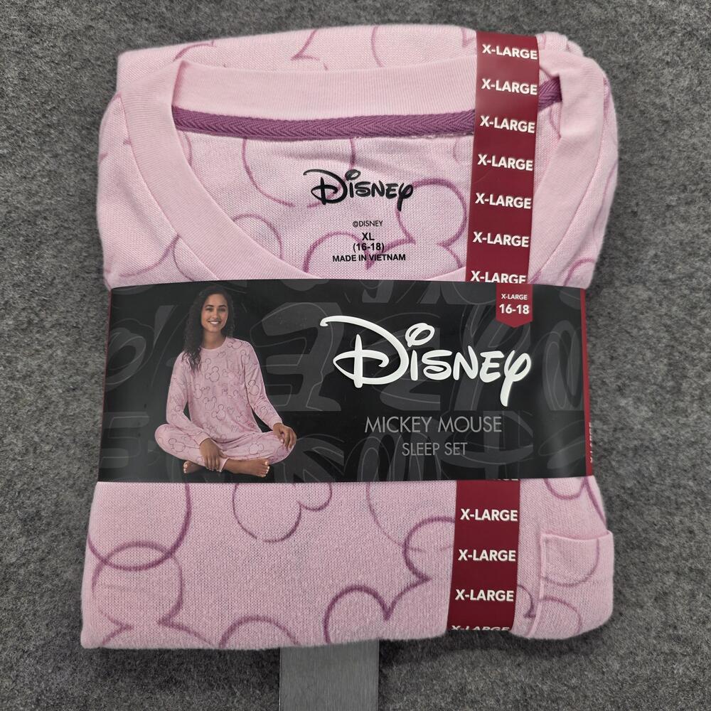 Disney Pajama Set Womens XL Pink Mickey Mouse Graphic Print Polyester Spandex